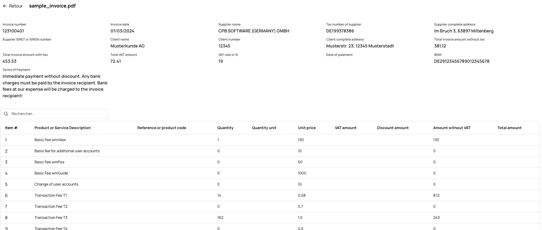 Sample invoice result