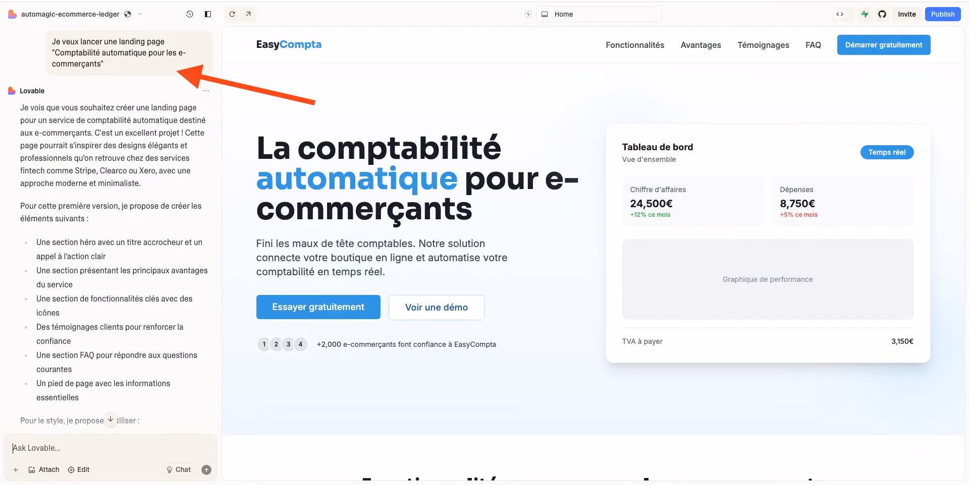 Screenshot avec une landing page construite sur Lovable
