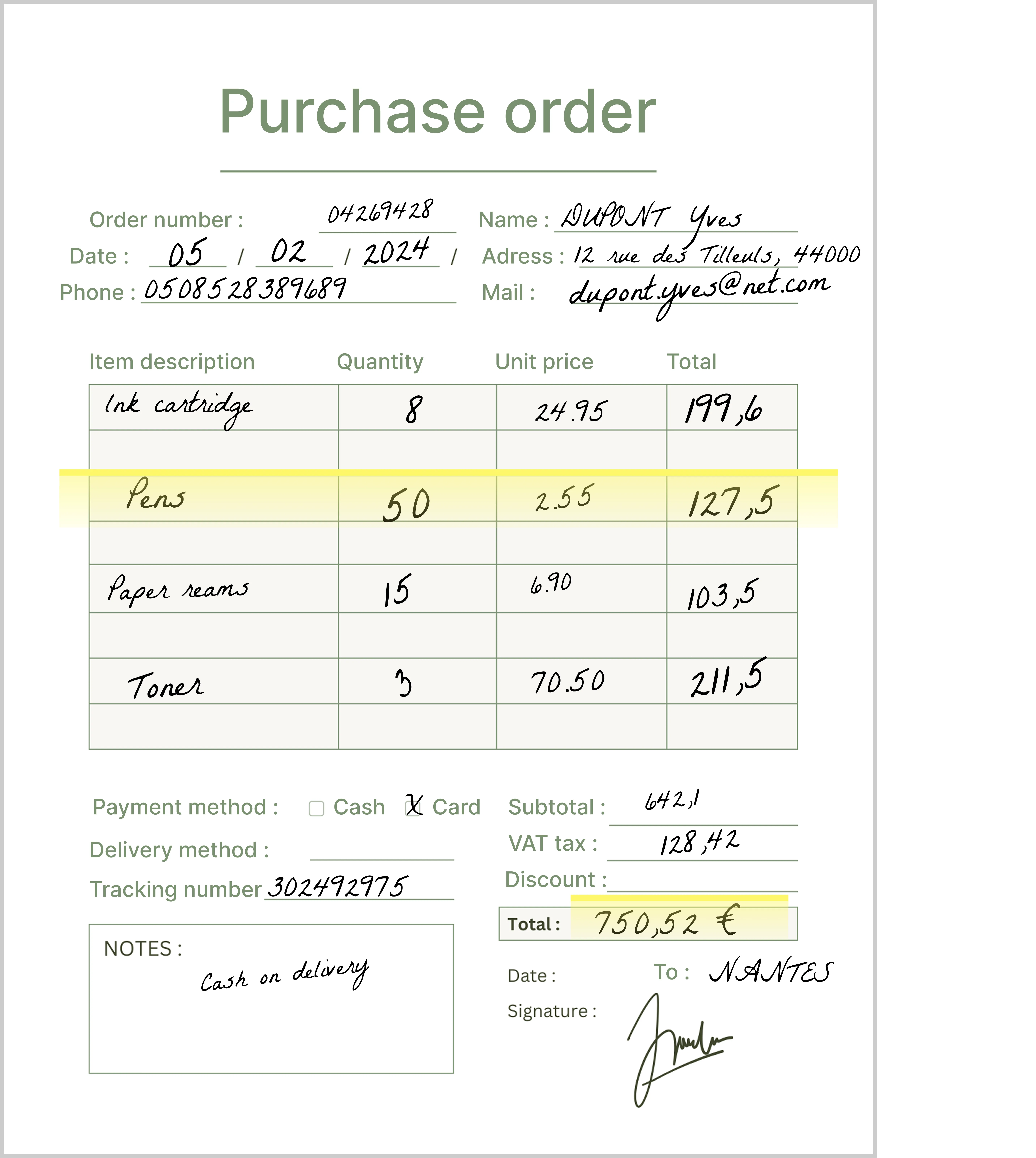 handwritten order form 