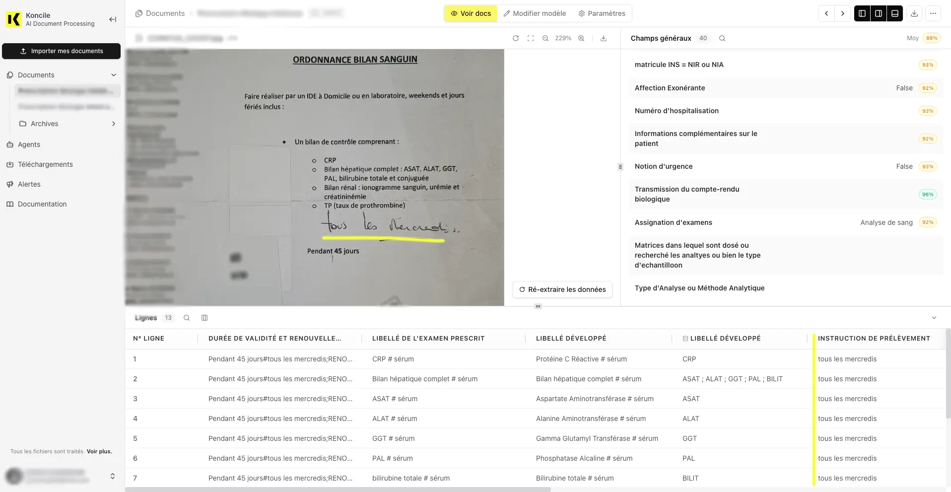 Ordonnance imprimée portant une annotation manuscrite de fréquence, correctement détectée par l’OCR