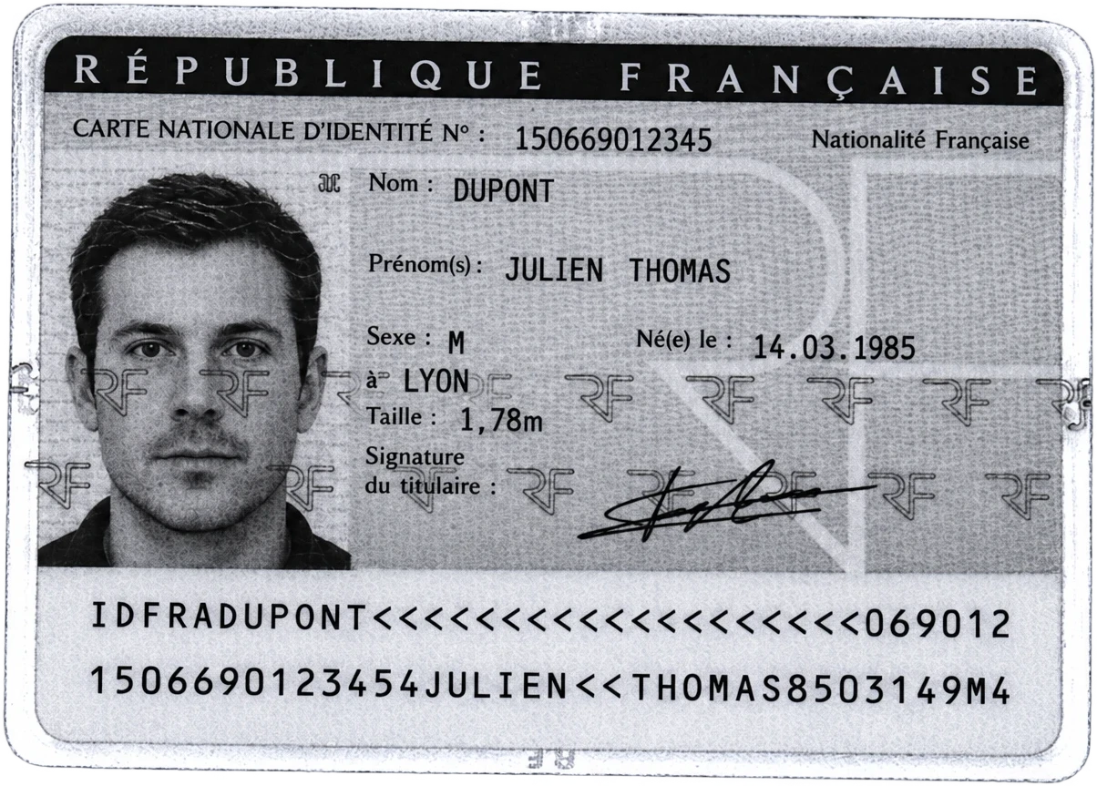 Carte nationale d'identité de 1994 fictive annotée : modèle, polices, alignements, photo, fond de sécurité et bande MRZ