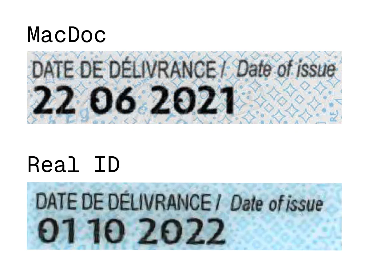 Date de délivrance d'une fausse carte MacDoc et d'une vraie carte : la police des chiffres diffère
