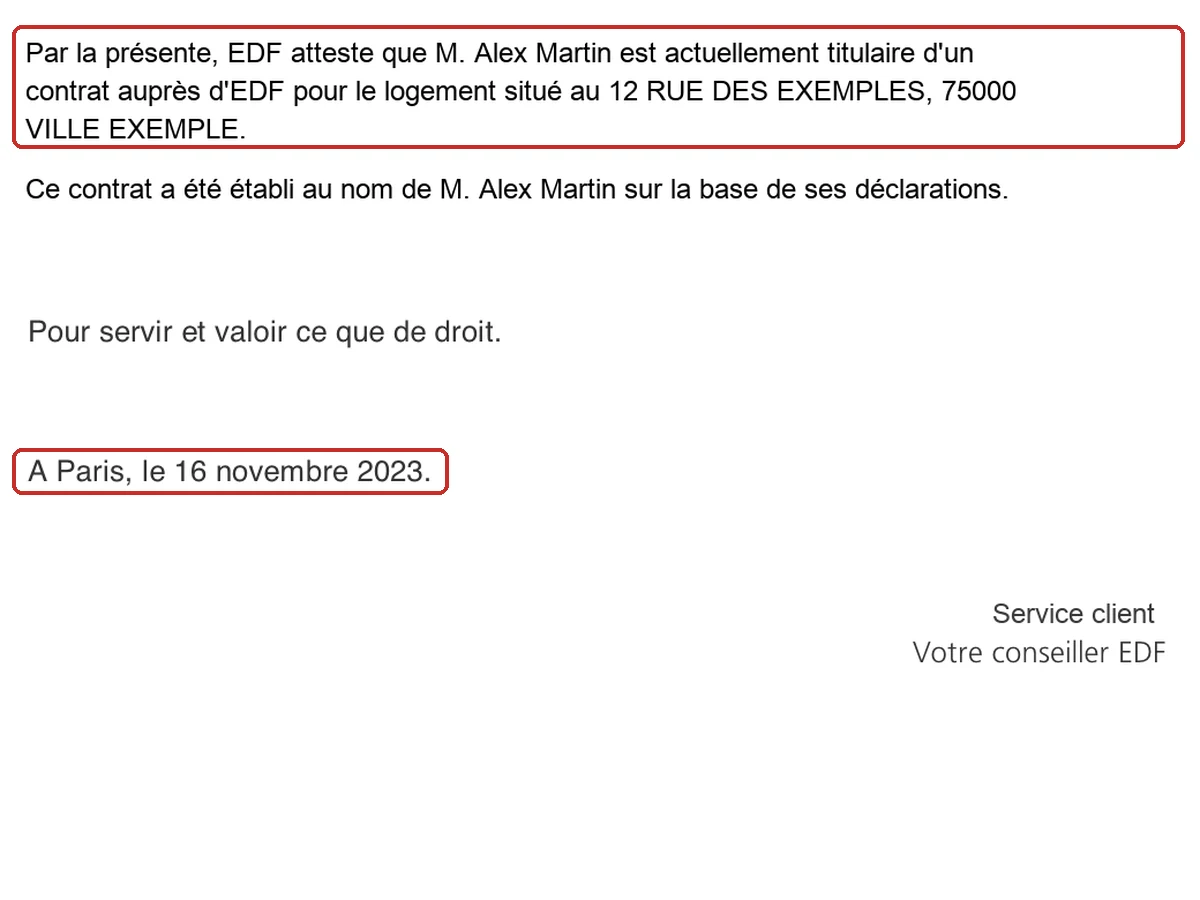 Texte et date d'une attestation EDF : nom, adresse et date d'émission recoupés