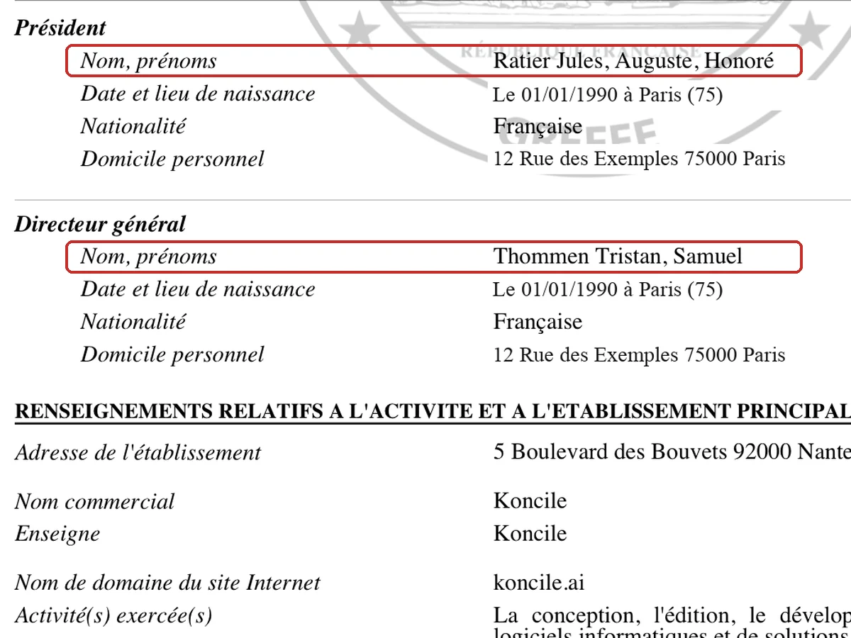 Dirigeants sur un extrait Kbis, données personnelles remplacées par des données fictives
