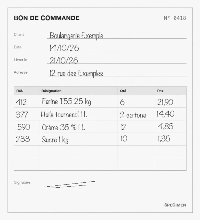 Bon de commande de carnet rempli à la main, document fictif
