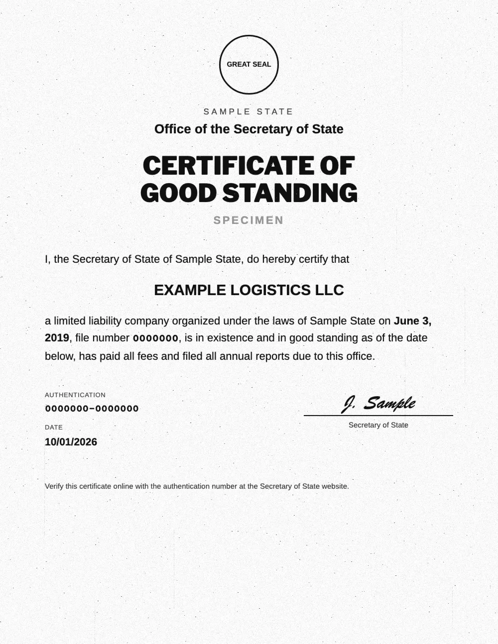Specimen certificate of good standing from a sample Secretary of State