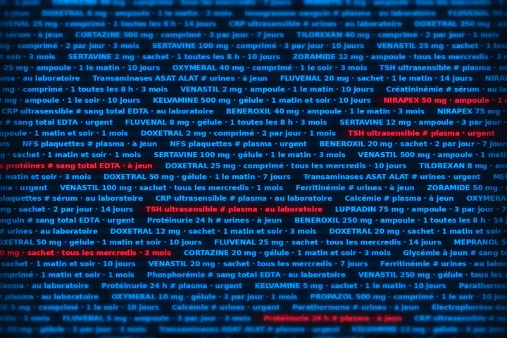 Un flux dense de lignes de prescription et d'analyses en bleu, dont quelques-unes en rouge