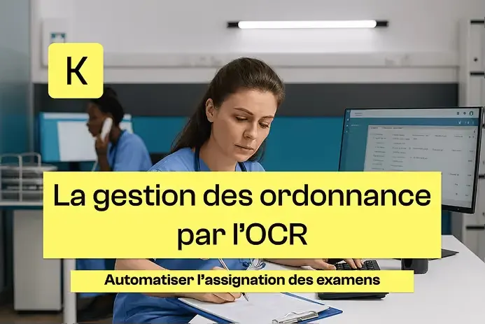 Une femme dans un cabinet médical qui regarde des documents avec un ordinateur à côté d’elle et la phrase : La gestion médicale des ordonnances, automatiser la gestion des examens