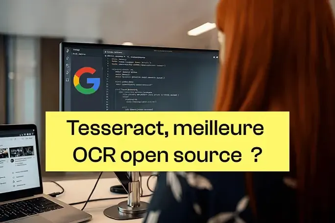 Image sur Google Tesseract OCR 2026, posant la question « Meilleur logiciel open source ? » avec des icônes de documents, une loupe et un ordinateur affichant du code.