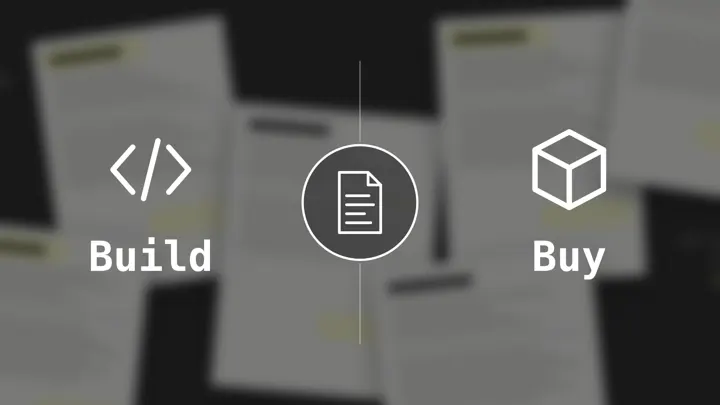 Comparaison Build vs Buy pour le traitement de documents : une icône de code pour le développement interne et une icône de paquet pour la solution prête à l'emploi, de part et d'autre d'un document.